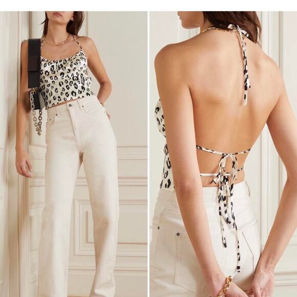 NWT Reformation Wade‎ Silk Leopard Print Open Back Halter Top Medium Cream Black - Picture 1 of 11